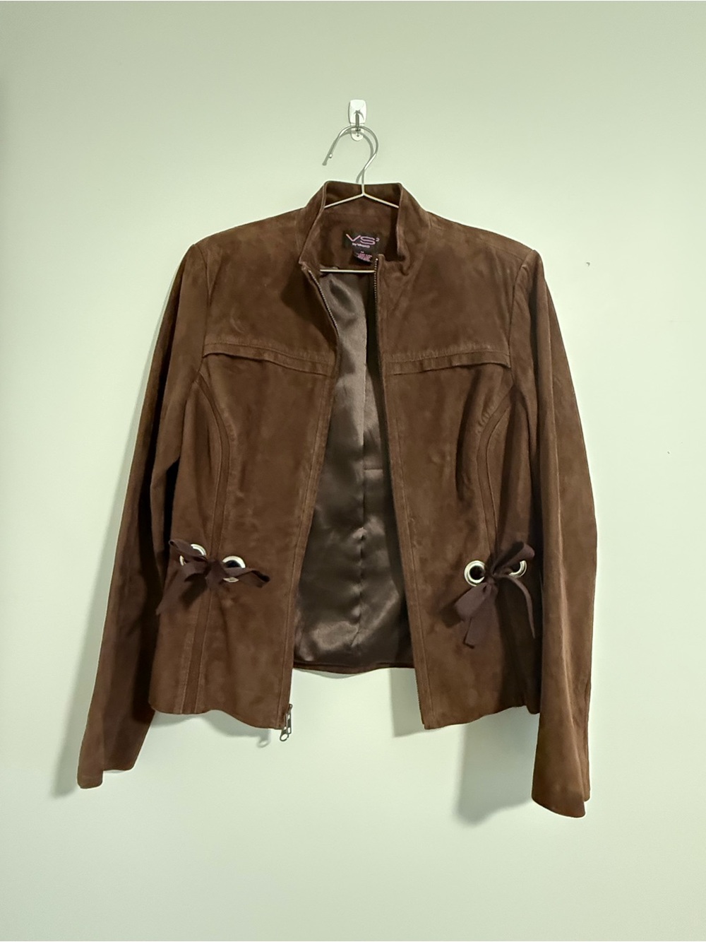 Vakko Brown Suede Leather Jacket with Waist Grommet Ties